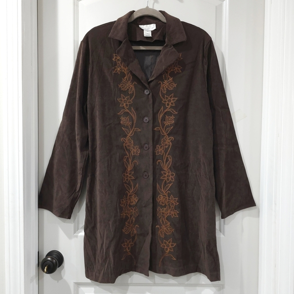 SUSAN GRAVER Vintage Faux Suede Brown Embroidered Button Front Coat, Size L - Picture 3 of 16